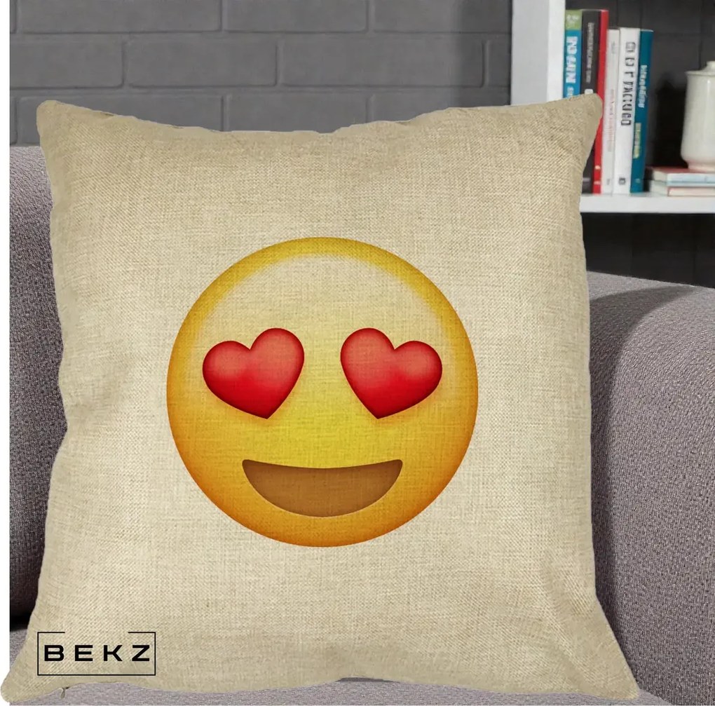 Perna Decorativa Emoji Inimi in Ochi, 40x40 cm, Crem, Husa Detasabila, Perna Inclusa, BEKZ®