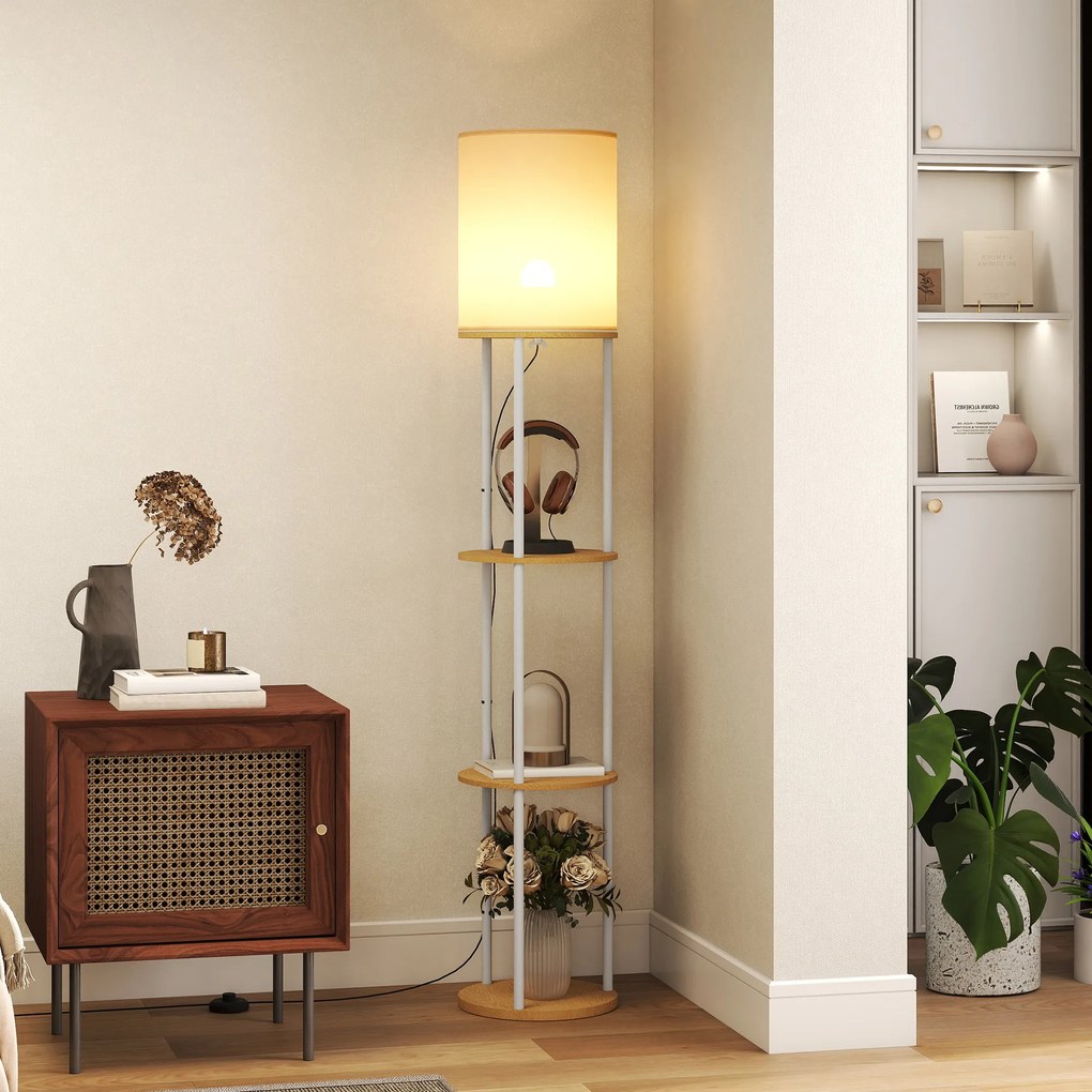 HOMCOM Lampă de podea cu rafturi cu 3 temperaturi de culoare telecomandă pentru living dormitor birou lemn natural | Aosom Romania