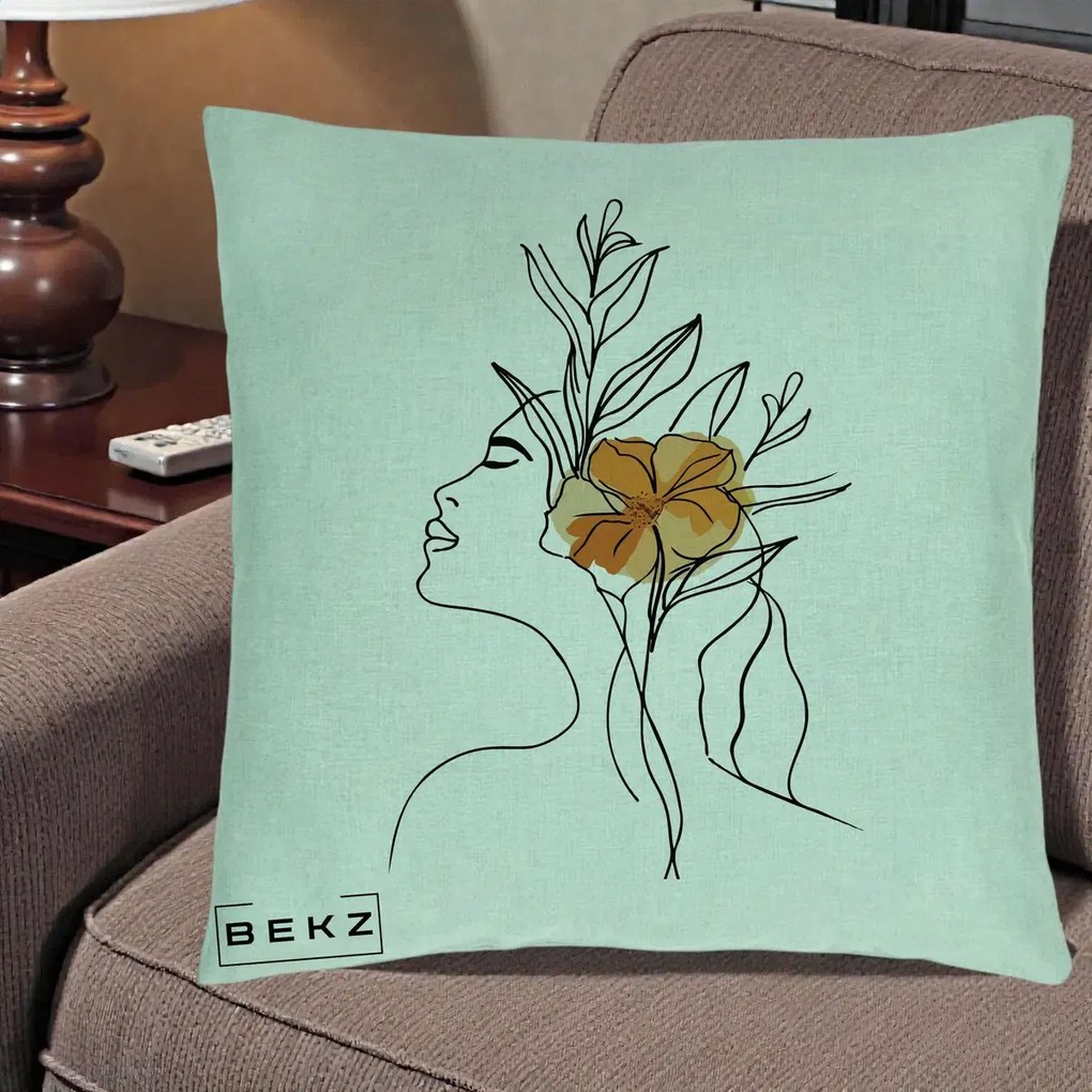 Perna Decorativa Portret Feminin Floare Portocalie Lateral, 40x40 cm, Verde Menta, Husa Detasabila, Perna Inclusa, BEKZ®