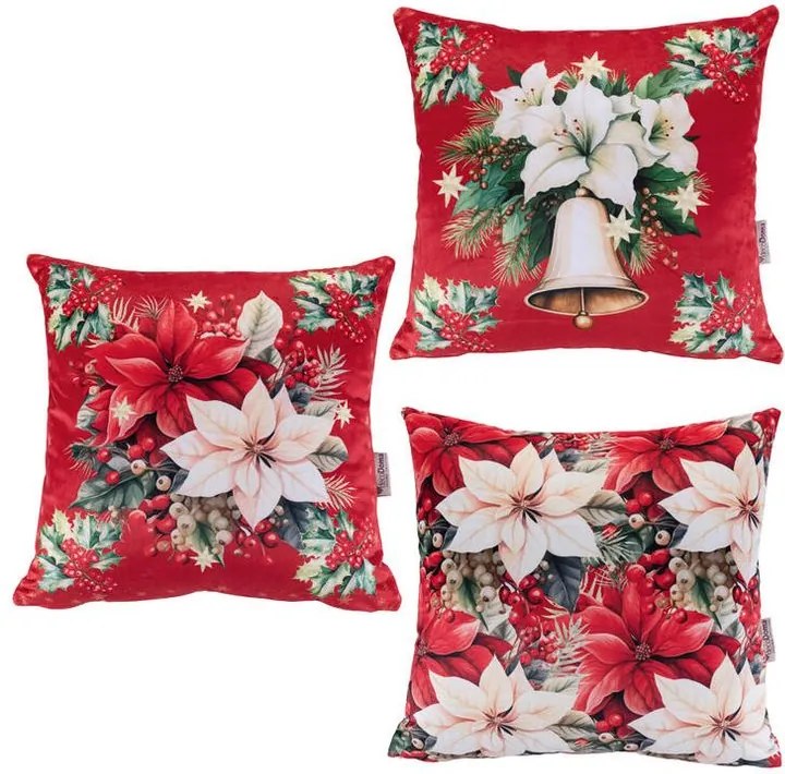 decoDoma Set de 3 fețe pernuțe RED POINSETTIA 45 x 45 cm