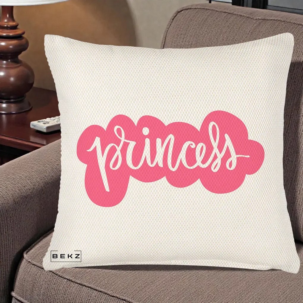 Perna Decorativa Princess Text Roz, 40x40 cm, Crem Reliefat, Husa Detasabila, Perna Inclusa, BEKZ®
