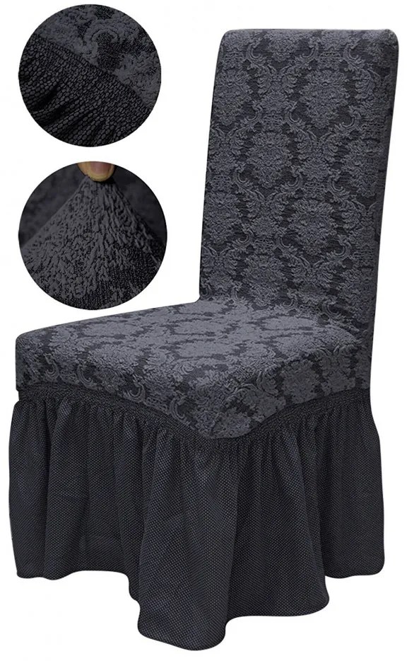 Set 6 huse elastice pentru scaune, cu volanas, model Jacquard Cenusiu