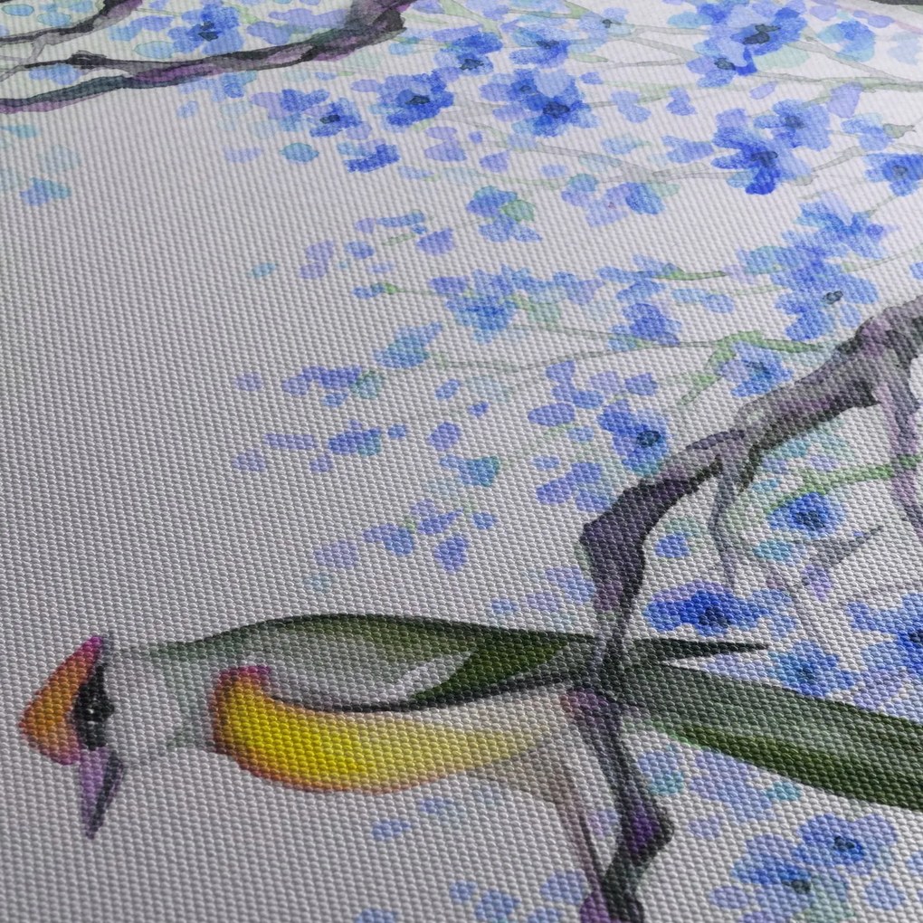 Tablou - Pasăre pe un copac cu flori albastre (120x50 cm)