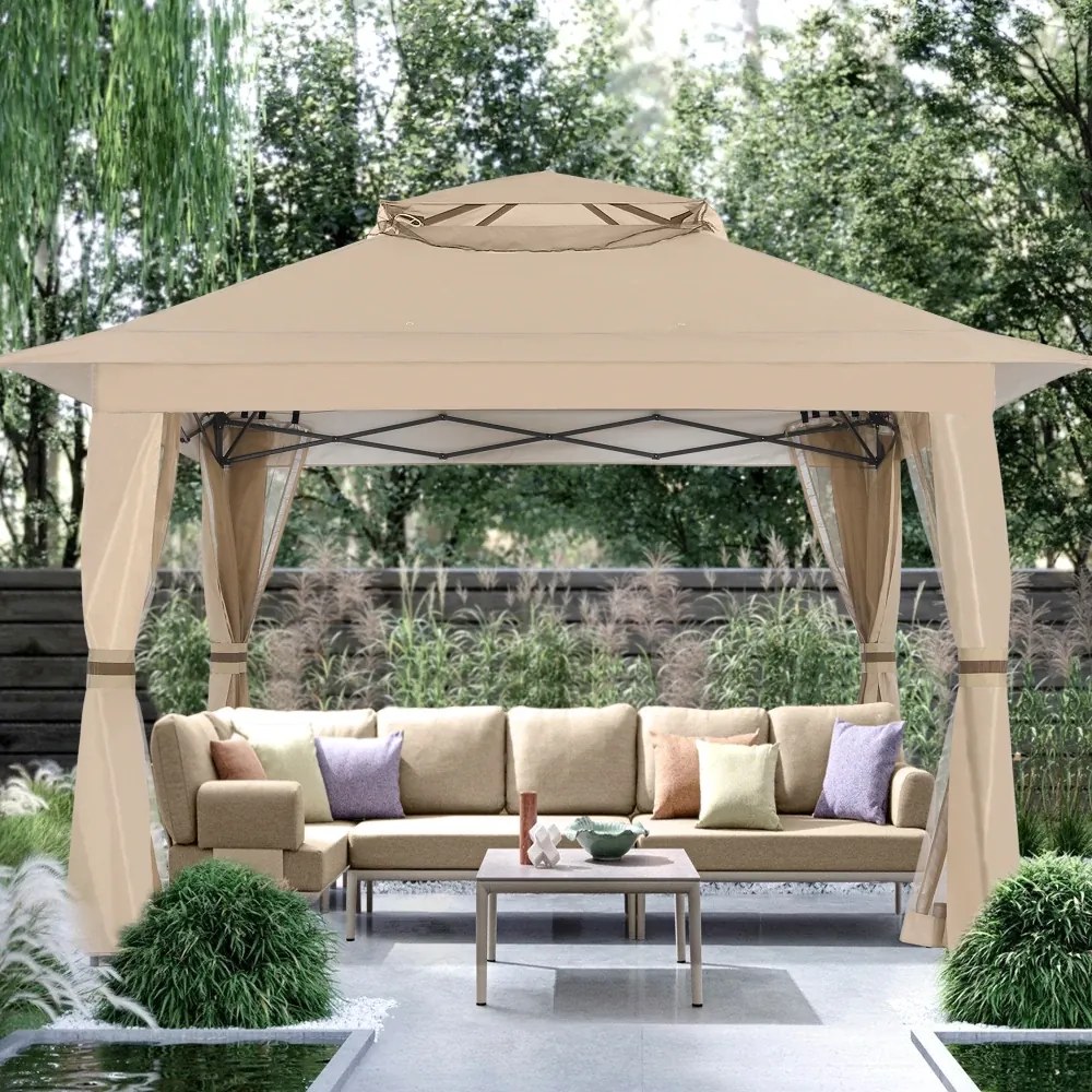ABCCANOPY Foișor de gradina 3.96x3.96 m - Foișor exterior cu cadru din oțel și plasă de țânțari, înălțime reglabilă 3 trepte, pentru gazon, curte, grădină, terasă, Kaki