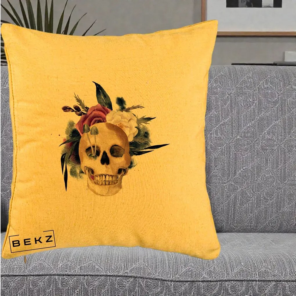 Perna Decorativa Craniu Floral cu Trandafiri si Ciuperci, 40x40 cm, Galben, Husa Detasabila, Perna Inclusa, BEKZ®