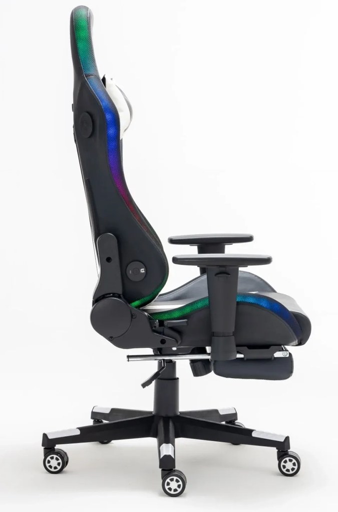 Scaun gaming, Masaj in 7 puncte, sistem iluminare bandă LED RGB, boxe Bluetooth, masaj în perna lombară, sezut benzi elastice sustinere, funcție șezlong, 90-180 grade, suport picioare, Negru/Alb