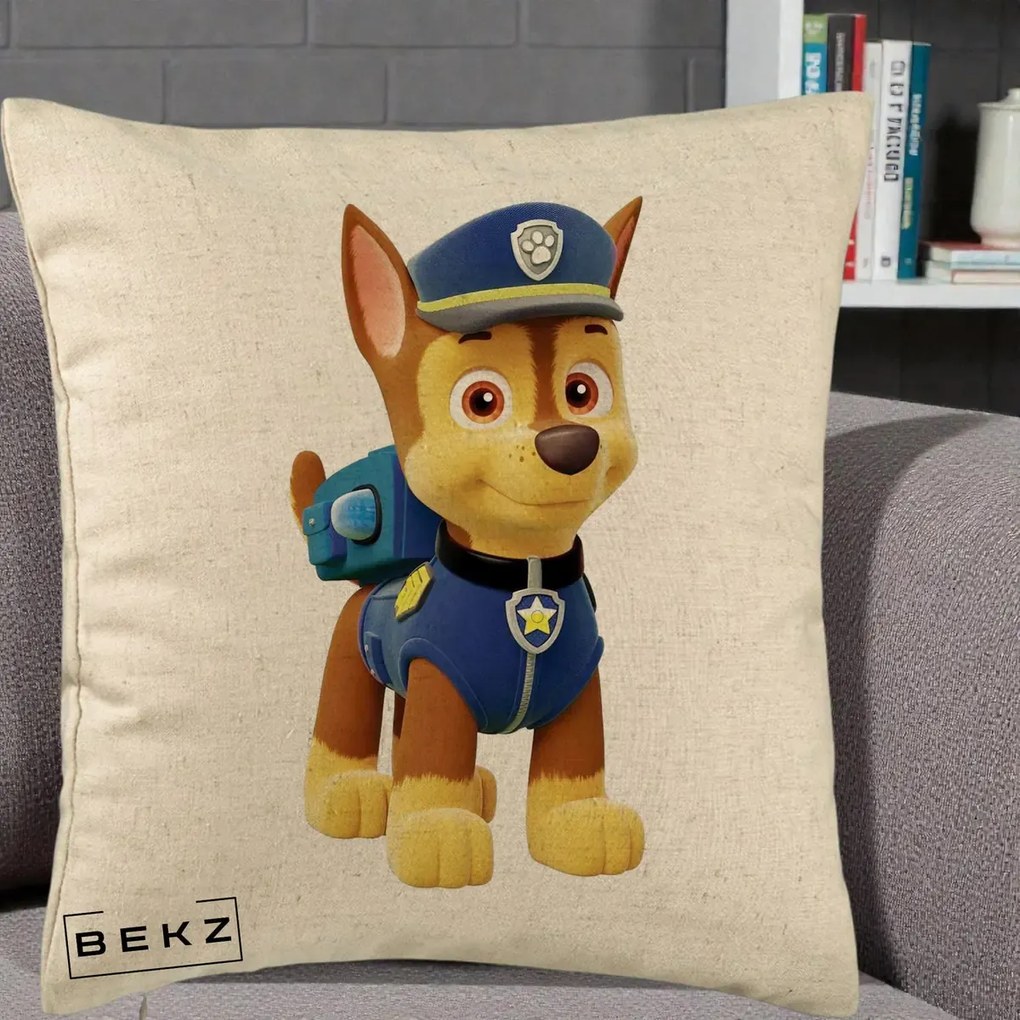 Perna Personalizata Chase PAW Patrol Albastru, 40x40 cm, Bej, Husa Detasabila, Perna Inclusa, BEKZ®