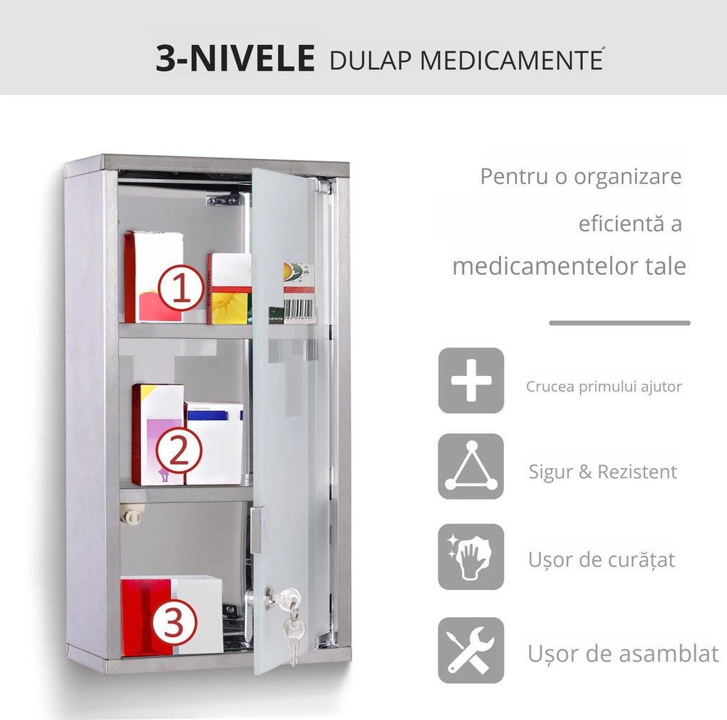 HOMCOM Dulap pentru Medicamente, Design Modern, Sticlă și Oțel, cu Ușă și 2 Chei, 48x25cm | Aosom Romania