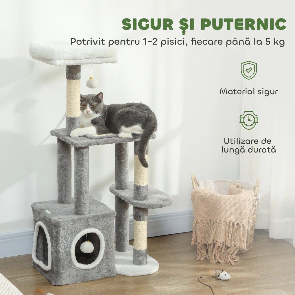 PawHut Ansamblu de joacă zgârietoare pentru pisici cu căsuță, pat și 2 mingi, din lemn și pluș, 55x40x107 cm, gri și alb | Aosom Romania