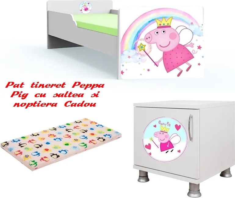 Pat tineret Peppa Pig cu saltea si noptiera Cadou