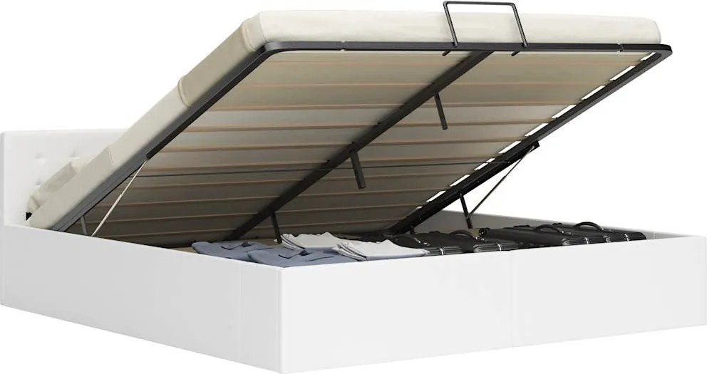 vidaXL Cadru pat hidraulic, depozitare, alb, 180 x 200 cm, piele eco