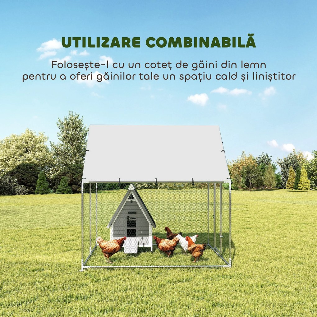 PawHut Coteț pentru Găini de Exterior, 2x2x2m 4 m² Țarc pentru Găini din Oțel Galvanizat cu Acoperiș Impermeabil Anti-UV și Încuietoare, Adăpost pentru 4-6 Găini, Animale Mici, Iepuri și Rațe | Aosom Romania
