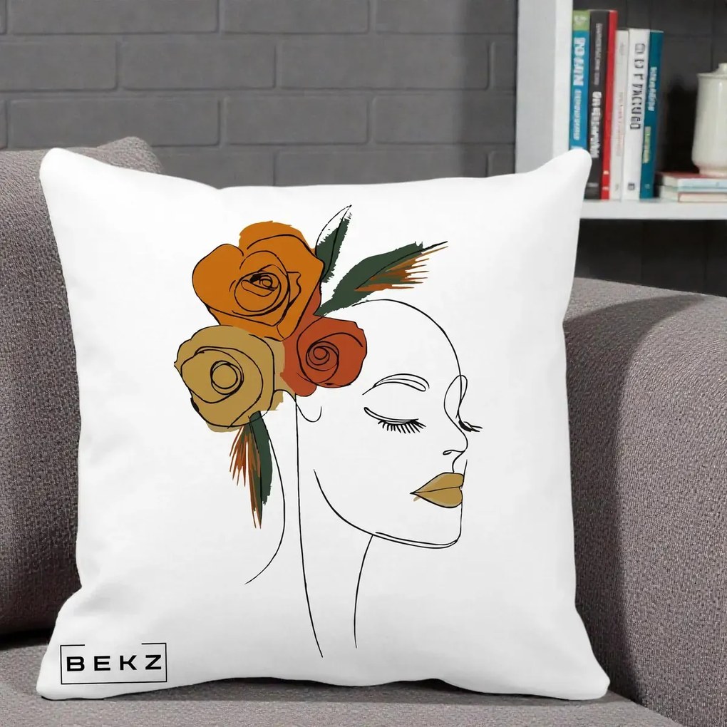 Perna Decorativa Portret Feminin Trandafiri Ruginii, 40x40 cm, Alba Mata, Husa Detasabila, Perna Inclusa, BEKZ®
