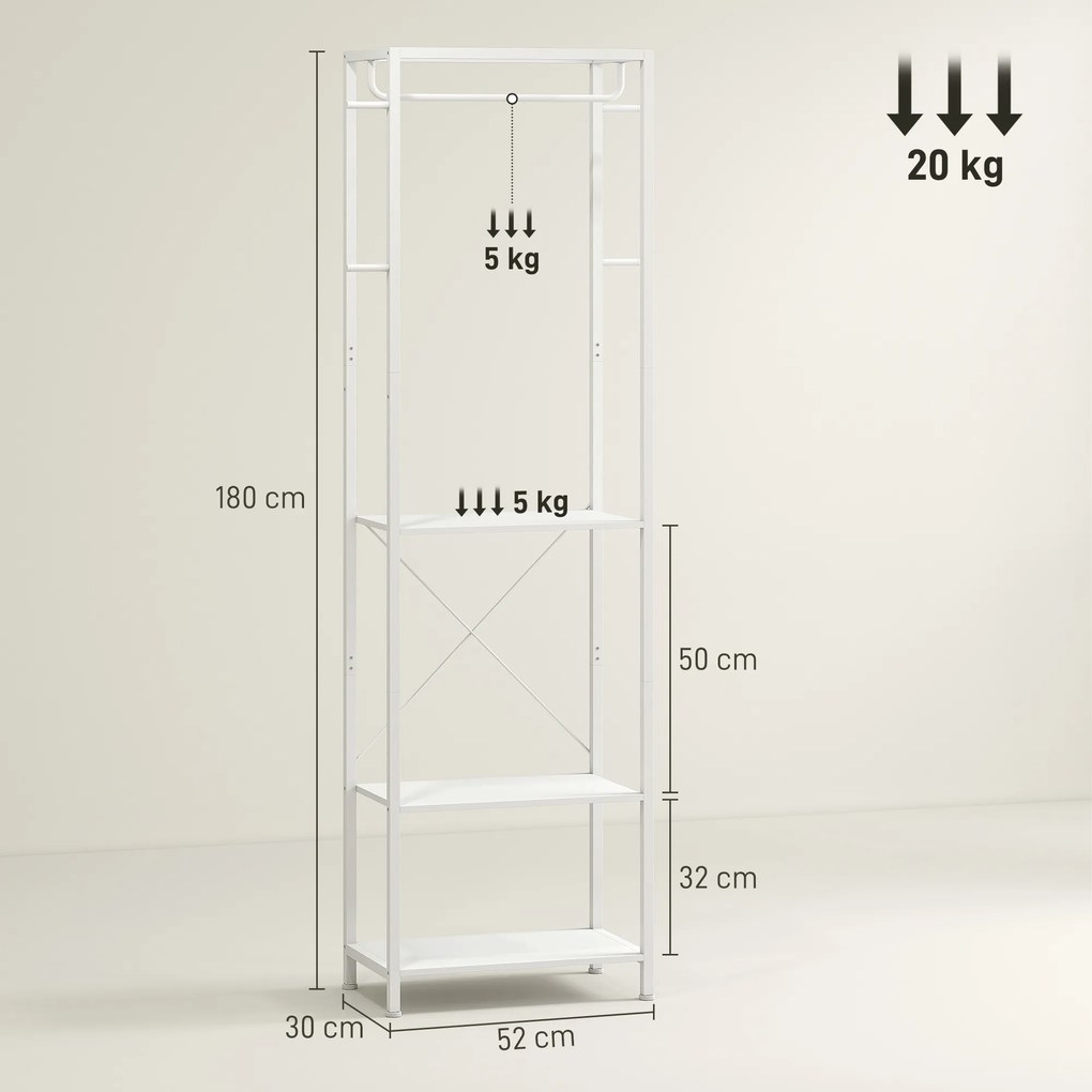 HOMCOM Cuiere de Intrare cu Suport pentru Încălțăminte, Bară pentru Haine, 4 Cârlige, Raft Superior și 2 Rafturi pentru Încălțăminte, 52x30x180 cm, Alb | Aosom Romania