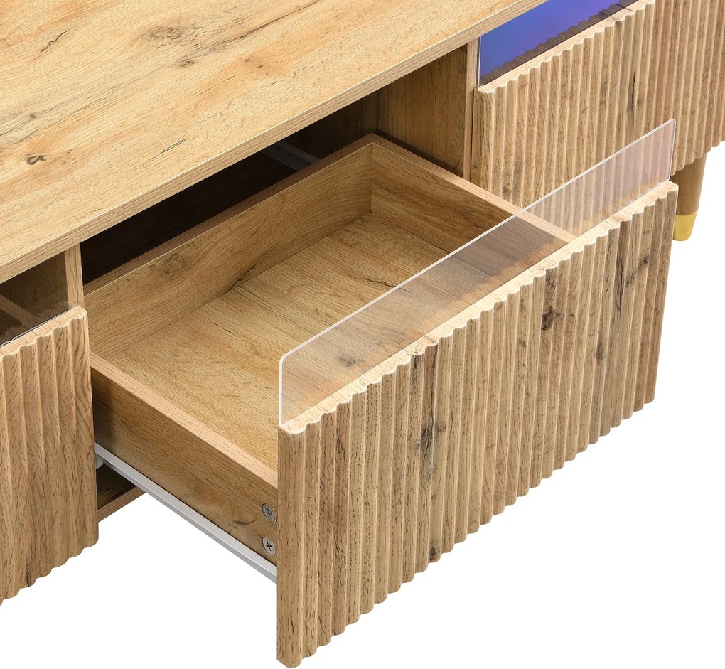 Comodă TV cu 4 sertare, din MDF și acril, 178x35x45 cm, Culoare naturală