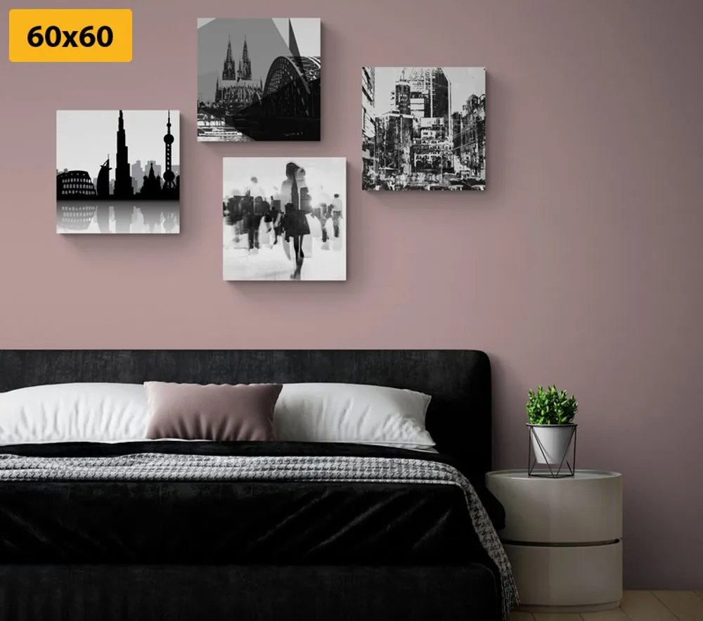 Set tablouri viața în marele oraș în design alb-negru cu atingere abstractă
