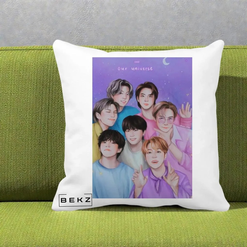 Perna Personalizata K-pop BTS Our Universe Fanart Violet Pastel, 40x40 cm, Alba Mata, Husa Detasabila, Perna Inclusa, BEKZ®