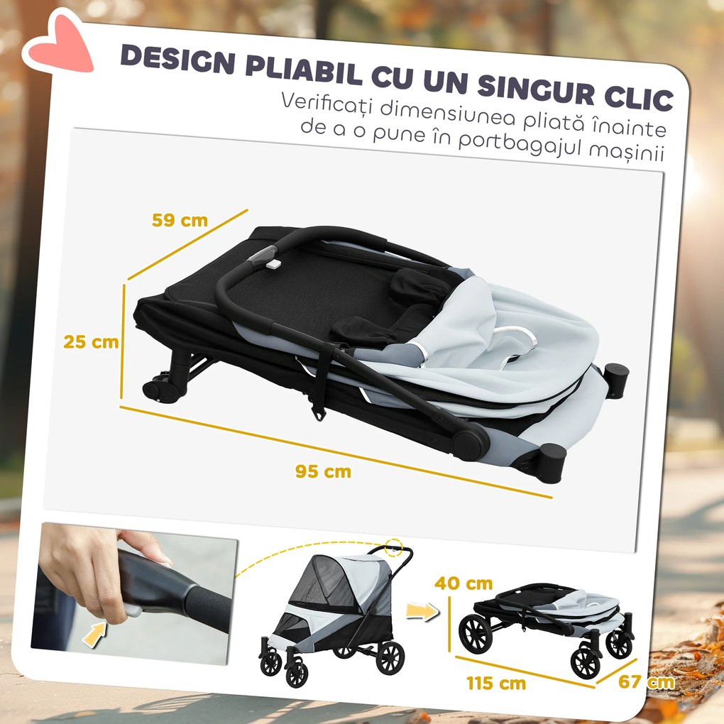 PawHut Cărucior Pliabil pentru Câini de Talie Mare cu Roți Detașabile, Pernă și Lese de Siguranță, 124x67x100 cm, Gri | Aosom Romania