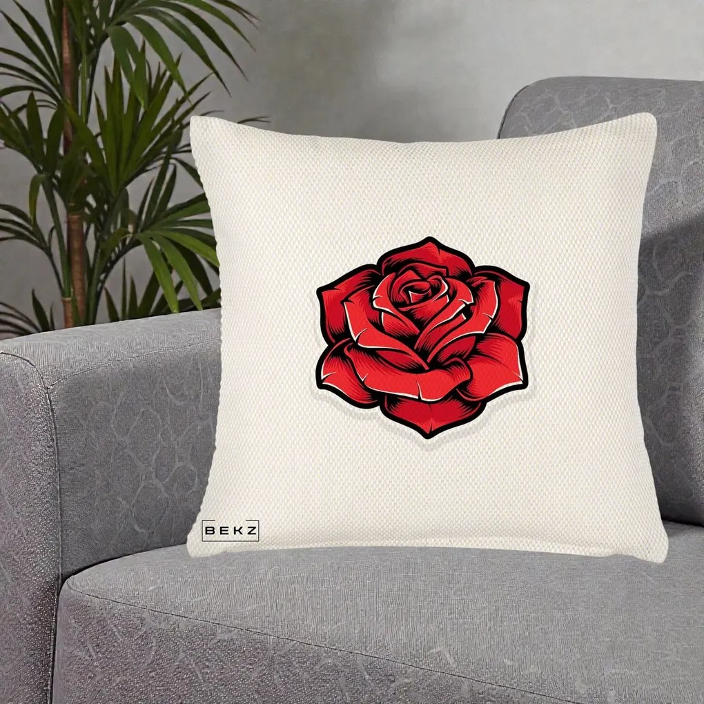 Perna Decorativa Trandafir Rosu Tattoo, 40x40 cm, Crem Reliefat, Husa Detasabila, Perna Inclusa, BEKZ®