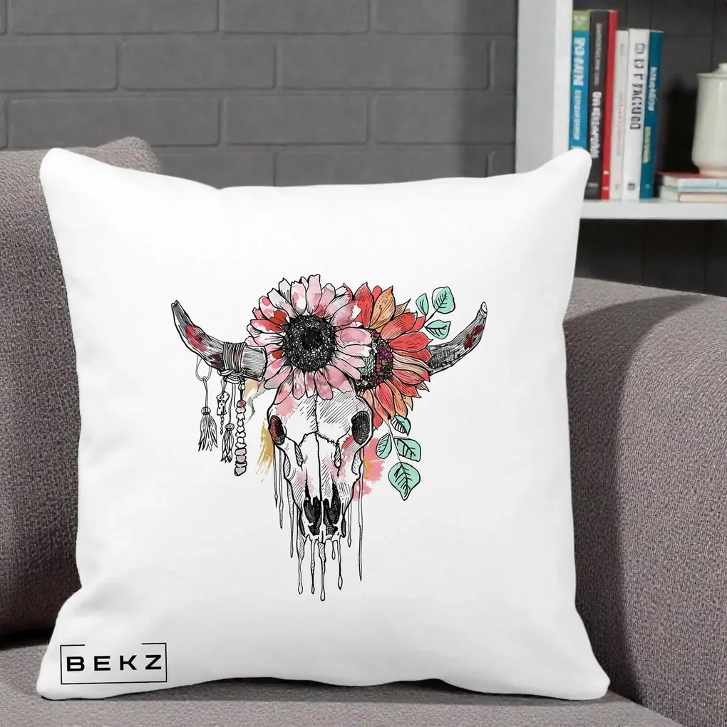 Perna Decorativa Craniu Boho Floral, 40x40 cm, Alba Mata, Husa Detasabila, Perna Inclusa, BEKZ®