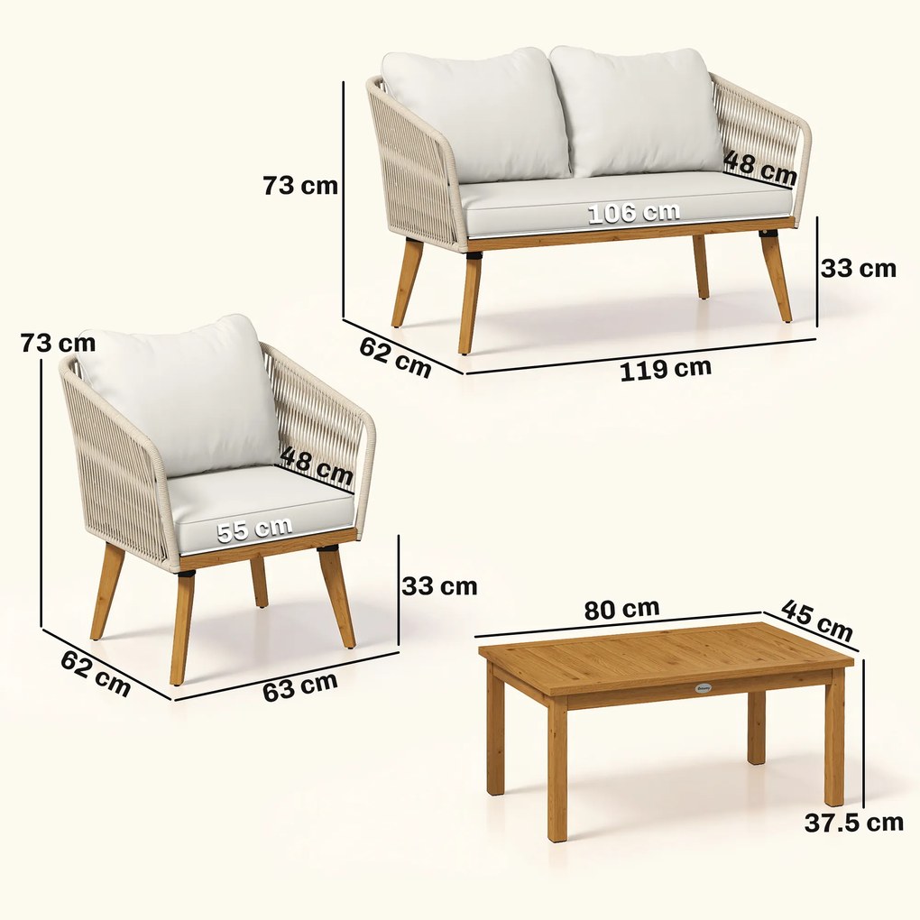 Outsunny Set mobilier grădină 4 piese lounge polyrattan cu canapea 2 locuri, 2 fotolii, masă din lemn de acacia cu lamele, perne groase lavabile | Aosom Romania