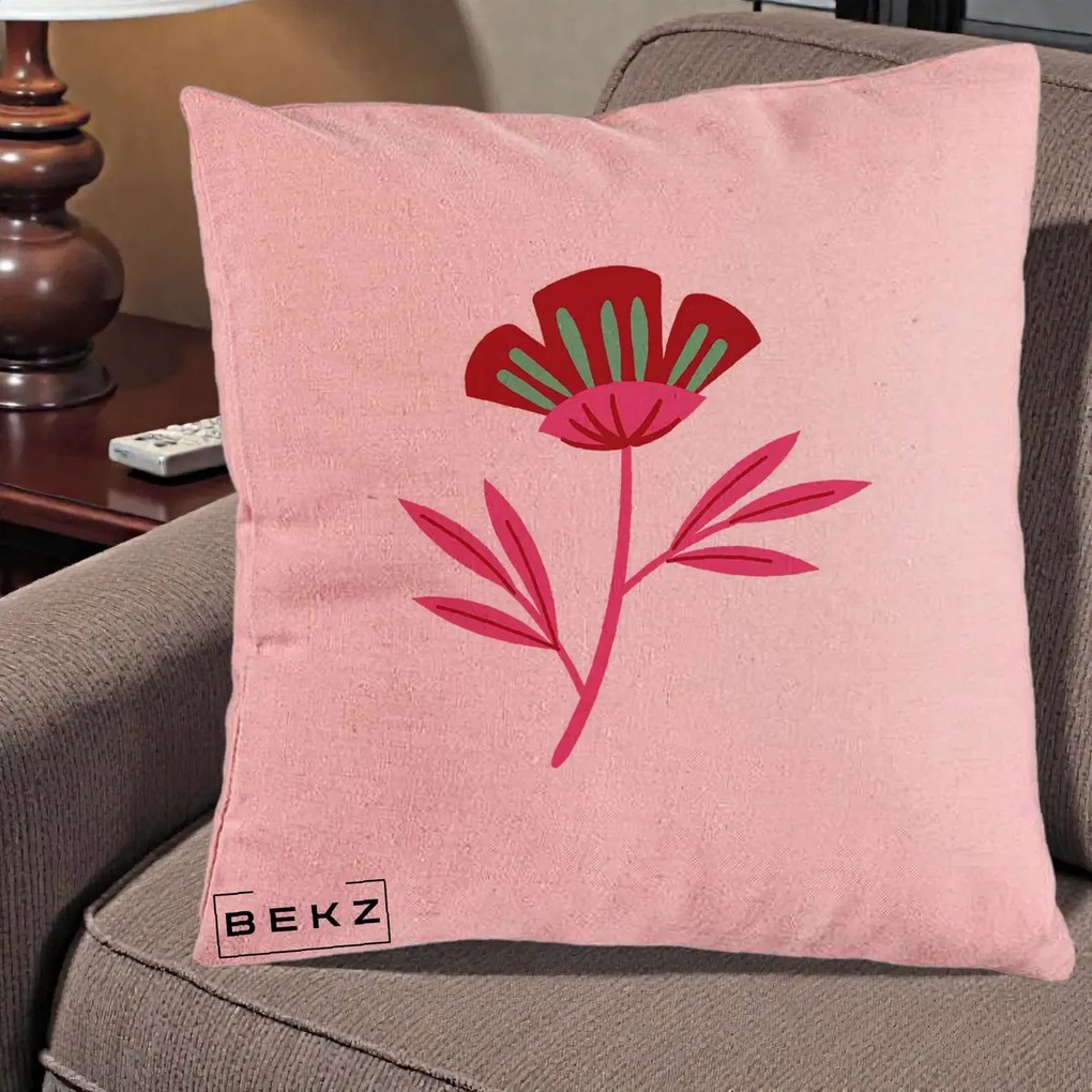 Perna Decorativa Floare Macul Roz-Rosu Grafic, 40x40 cm, Roz, Husa Detasabila, Perna Inclusa, BEKZ®