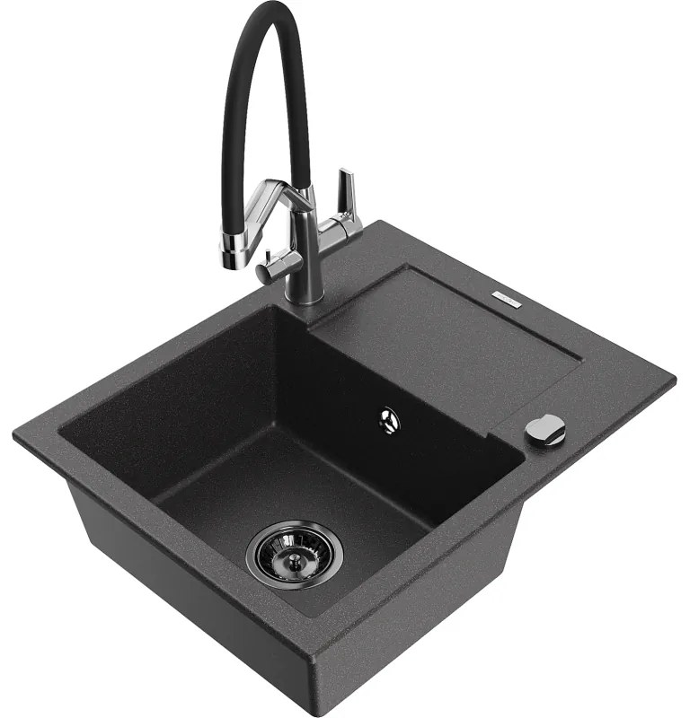 Mexen Enzo chiuvetă de granit cu 1 compartiment cu scurgător și baterie de bucătărie Duo, negru stropit - 6506-76-671701-07-B