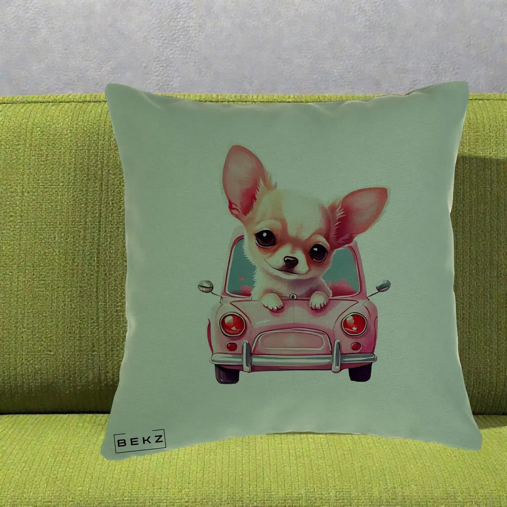 Perna Decorativa Chihuahua Roz in Masinuta, 40x40 cm, Verde, Husa Detasabila, Perna Inclusa, BEKZ®