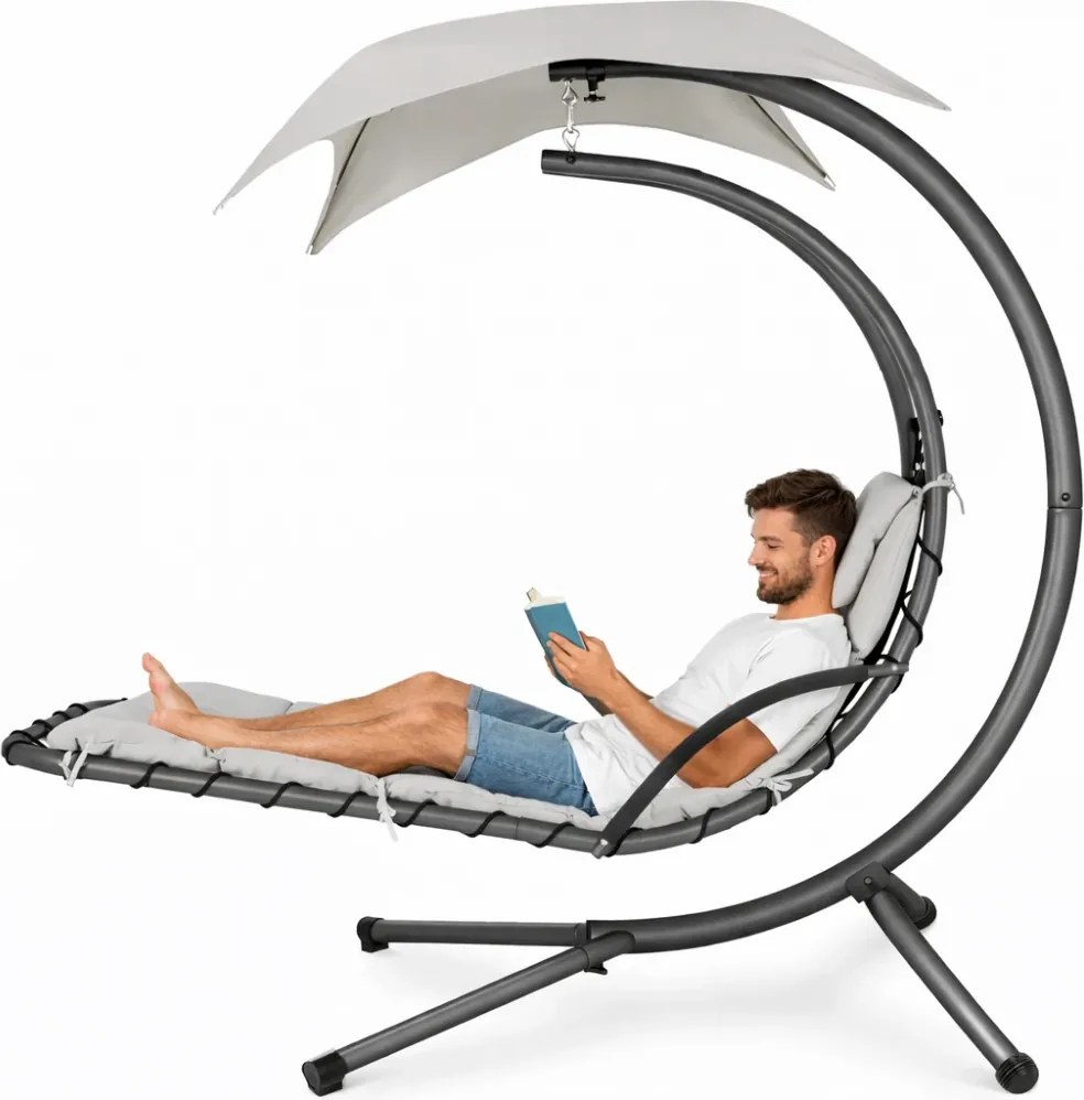 Șezlong suspendat din oțel, cu pernă încorporată, baldachin detașabil, White sand