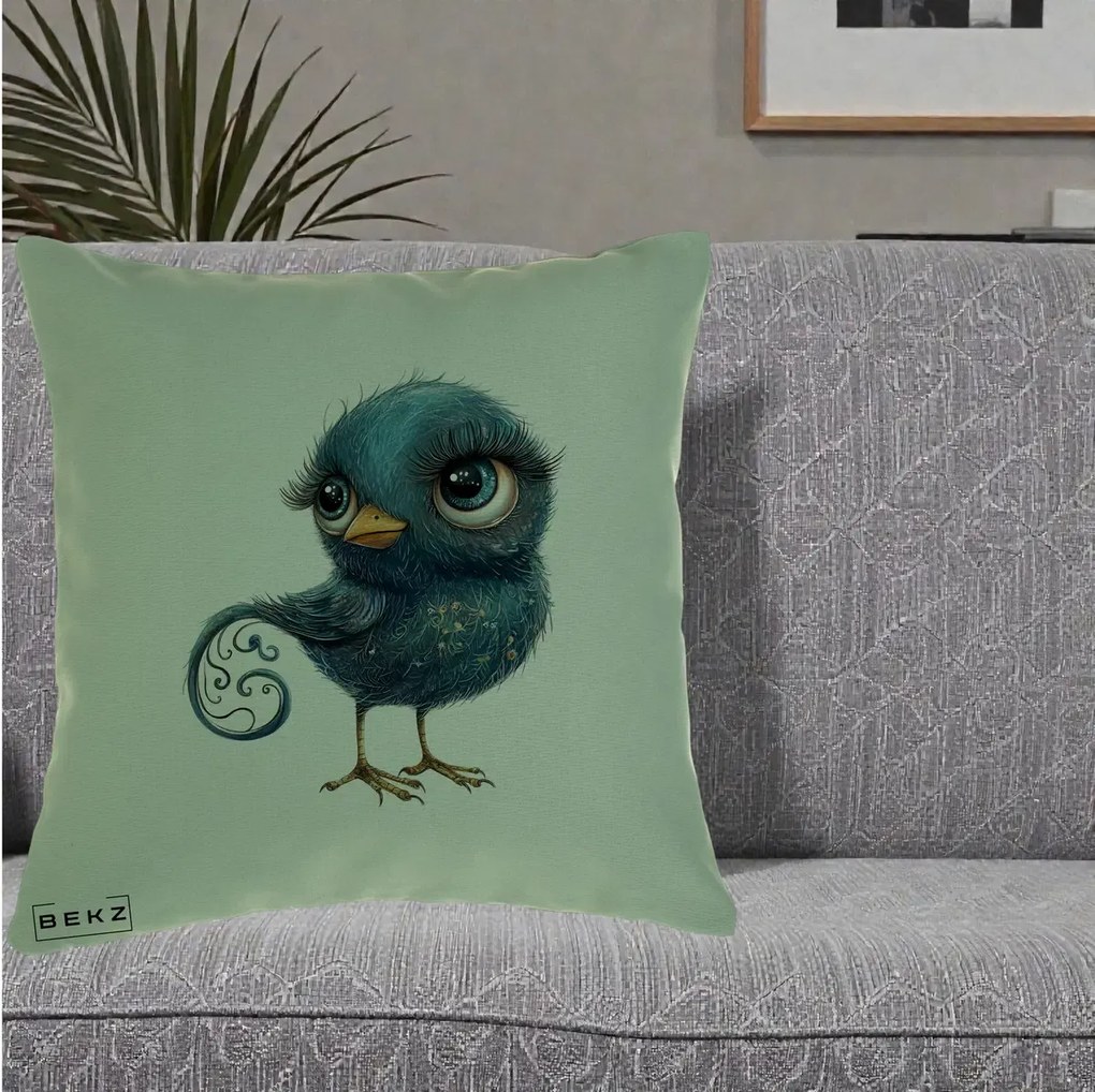 Perna Decorativa Pasare Teal cu Motive Aurii si Coada Spiralata, 40x40 cm, Verde, Husa Detasabila, Perna Inclusa, BEKZ®