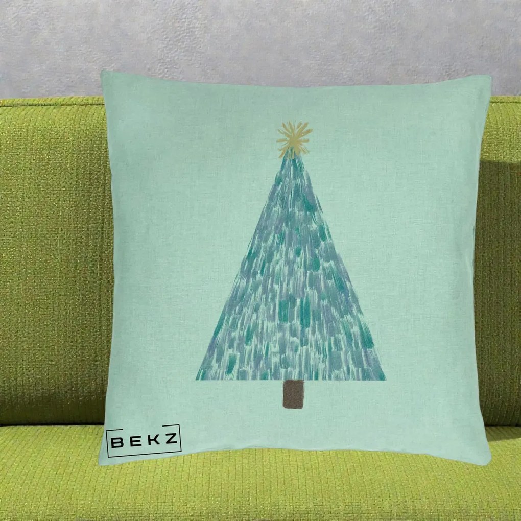 Perna Decorativa Brad de Craciun Acrilic Albastru, 40x40 cm, Verde Menta, Husa Detasabila, Perna Inclusa, BEKZ®