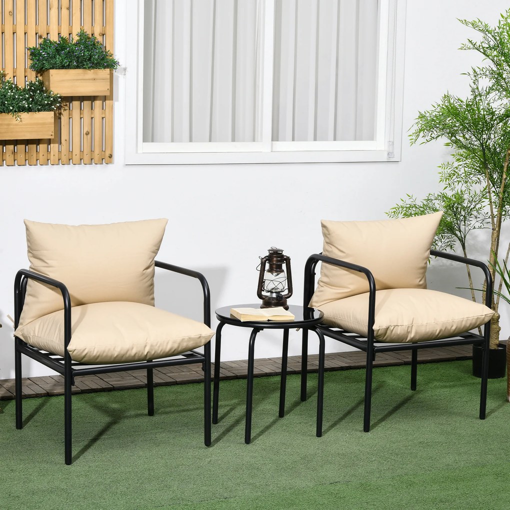 Outsunny Set de mobilier de gradina 3 piese pentru 2 persoane cu 2 fotolii si 1 masa de cafea rotunda, metal, negru si bej | Aosom Romania