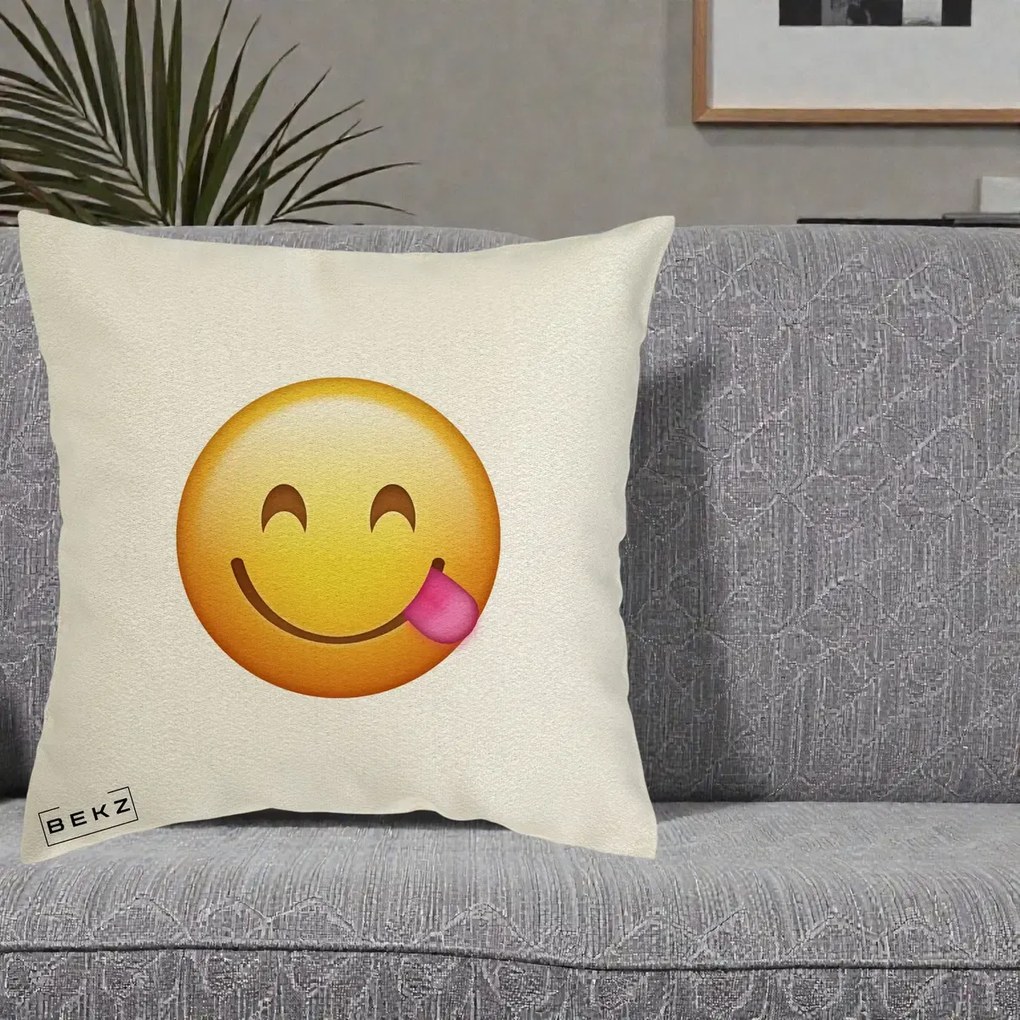 Perna Decorativa Emoji Limba Scoasa, 40x40 cm, Ecru, Husa Detasabila, Perna Inclusa, BEKZ®