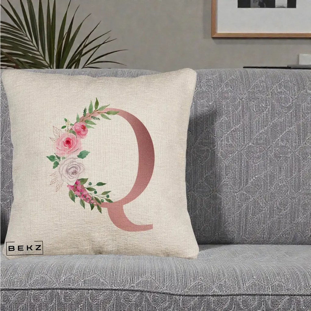Cadou Personalizat - Perna Personalizata Monograma Rose Gold Litera Q, 40x40 cm, Bej Canapea, Husa Detasabila, Perna Inclusa, BEKZ®