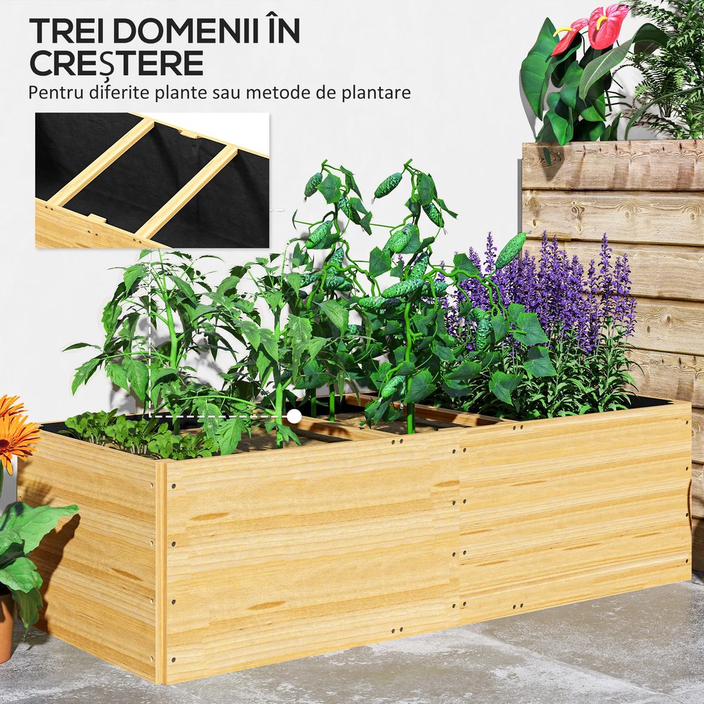 Outsunny Strat de Grădină Înălțat și Adânc cu 3 Zone de Creștere și Strat de Protecție, 140x60x40 cm, Lemn Natural | Aosom Romania