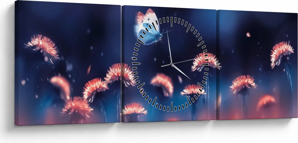 Tablou cu păpădii cu fluture albastru (cu ceas) (90x30 cm)