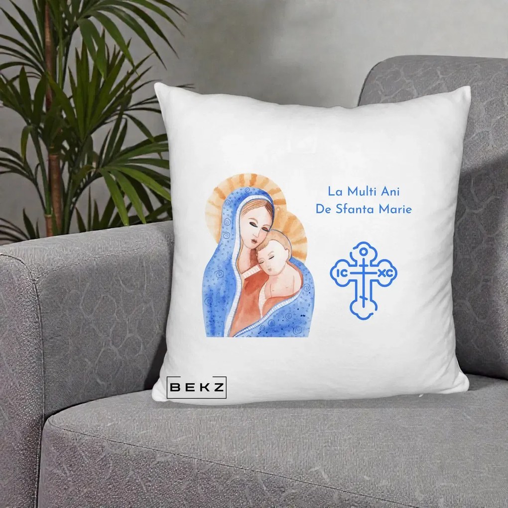 Cadou de Onomastica - Perna Personalizata Sfanta Marie Icoana Acuarela, 40x40 cm, Alb Pufos, Husa Detasabila, Perna Inclusa, BEKZ®