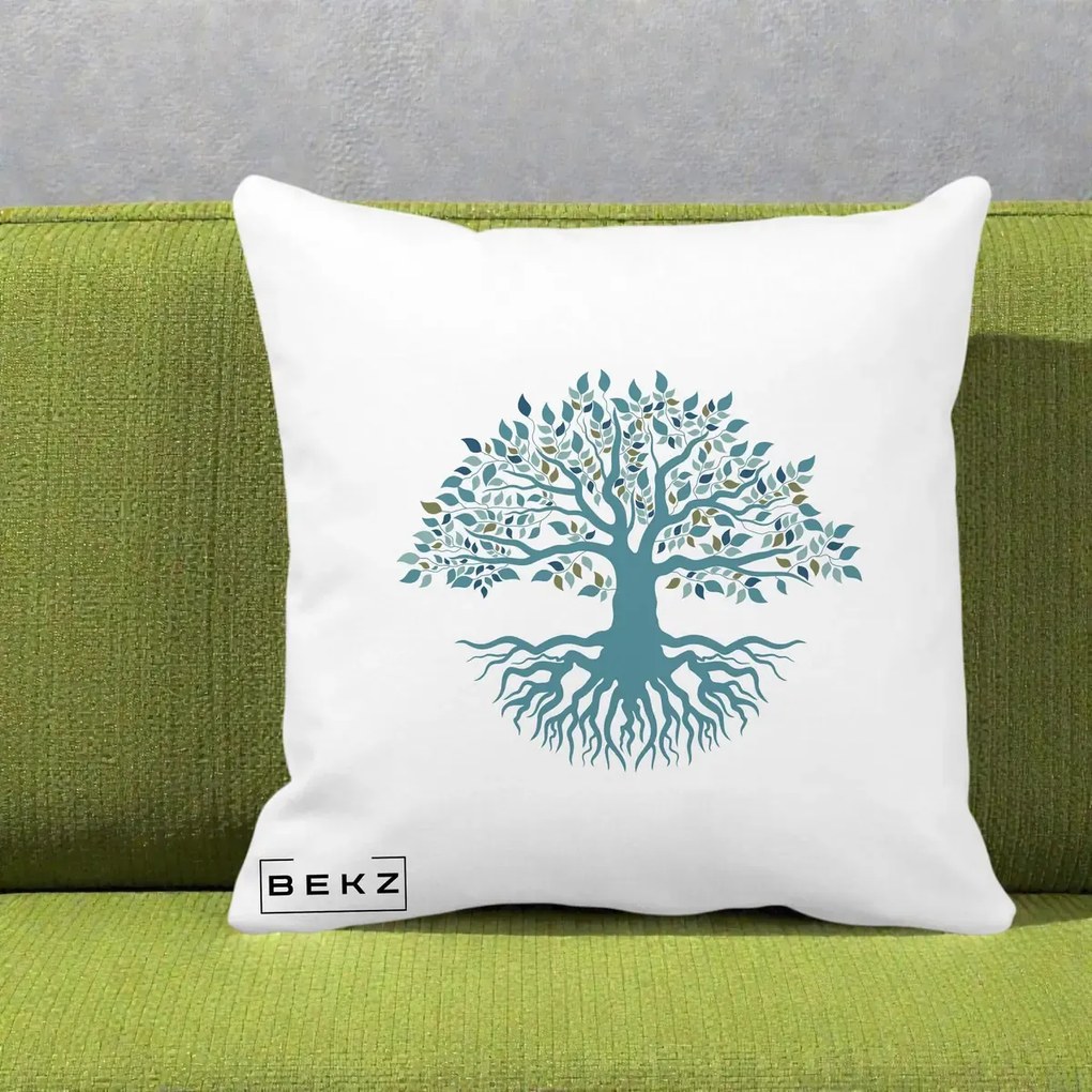 Perna Decorativa Copacul Vietii Teal cu Radacini, 40x40 cm, Alba Mata, Husa Detasabila, Perna Inclusa, BEKZ®
