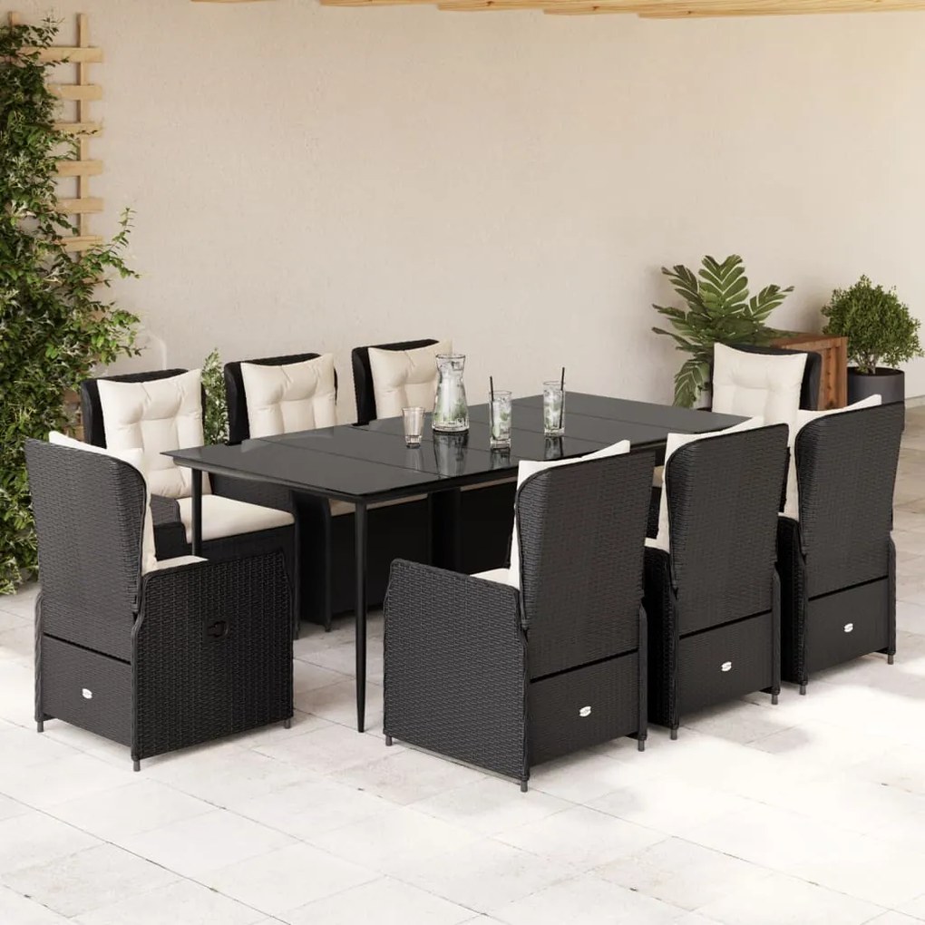 vidaXL Set mobilier de grădină cu perne, 9 piese, negru, poliratan