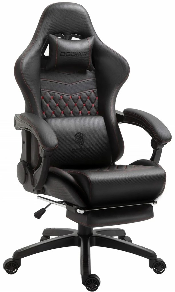 RESIGILAT- DOWINX Scaun gaming, ergonomic, suport lombar cu masaj, spătar înalt, reglabil, tetieră, suport pentru picioare, rezistent 150 kg, piele PU, Negru