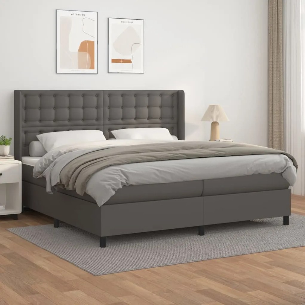 3132523 vidaXL Pat box spring cu saltea, gri, 200x200 cm, piele ecologică