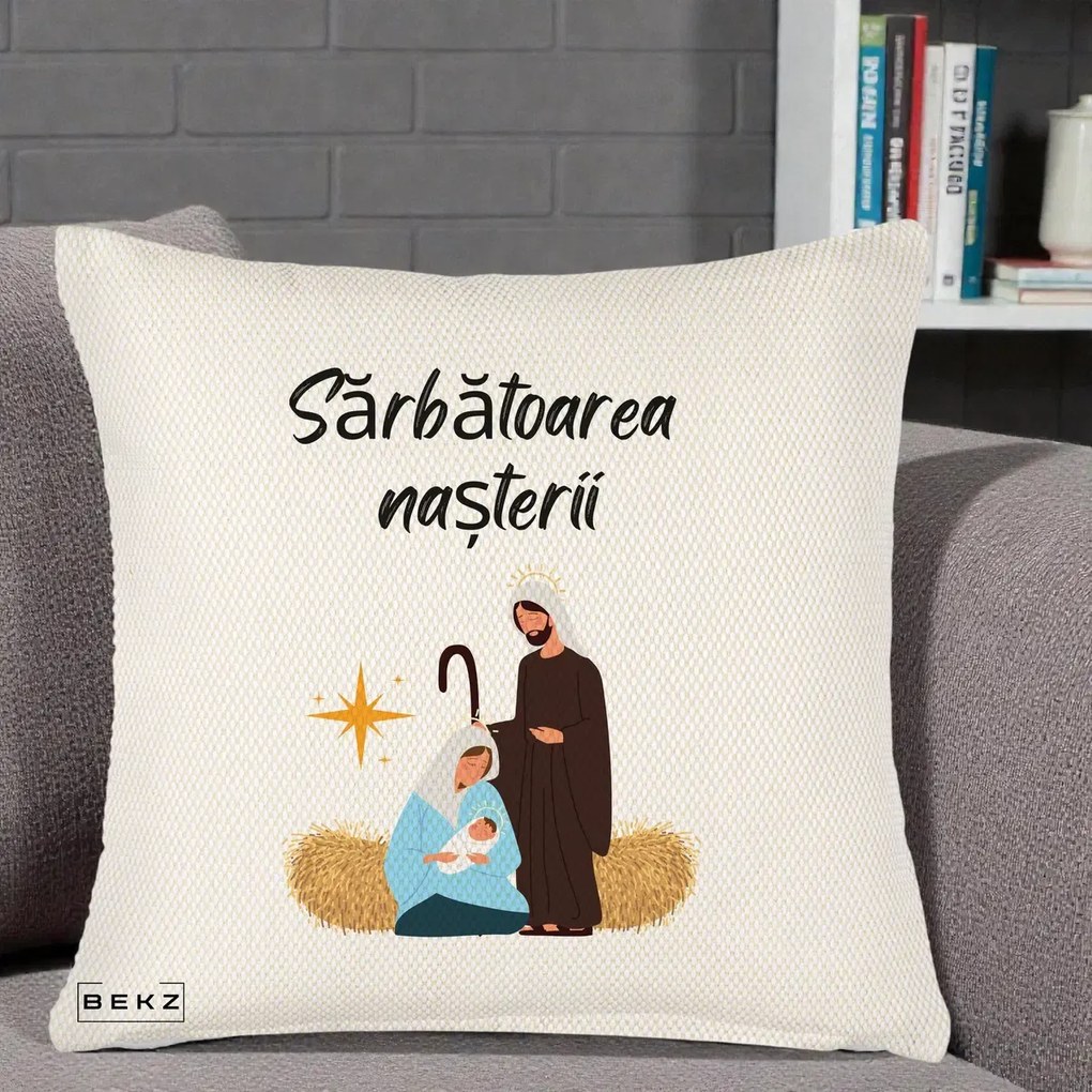 Perna Decorativa Nasterea Domnului Sfanta Familie Sarbatoarea Nasterii, 40x40 cm, Crem Reliefat, Husa Detasabila, Perna Inclusa, BEKZ®