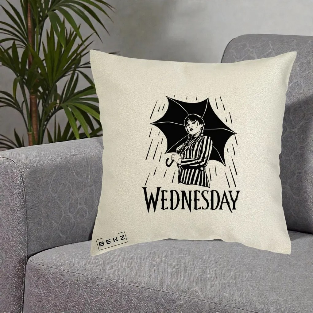 Perna Personalizata Wednesday cu Umbrela Ploaie Lineart, 40x40 cm, Ecru, Husa Detasabila, Perna Inclusa, BEKZ®