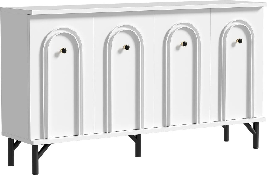 Comodă cu 4 uși, front arcuit 3D, pentru living, sufragerie și hol, 140x34x78 cm, Alb