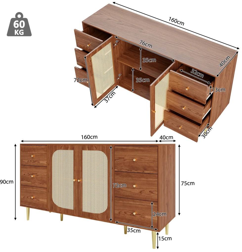 Comodă din ratan cu sertare, Maro | Aosom Romania