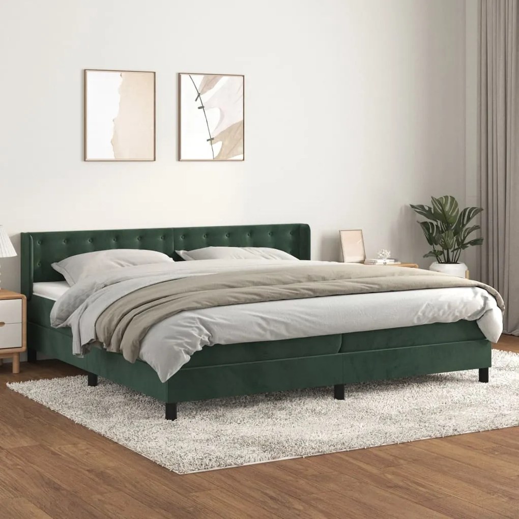 Pat box spring cu saltea, verde inchis, 200x200 cm, catifea Verde inchis, 200 x 200 cm, Nasturi de tapiterie