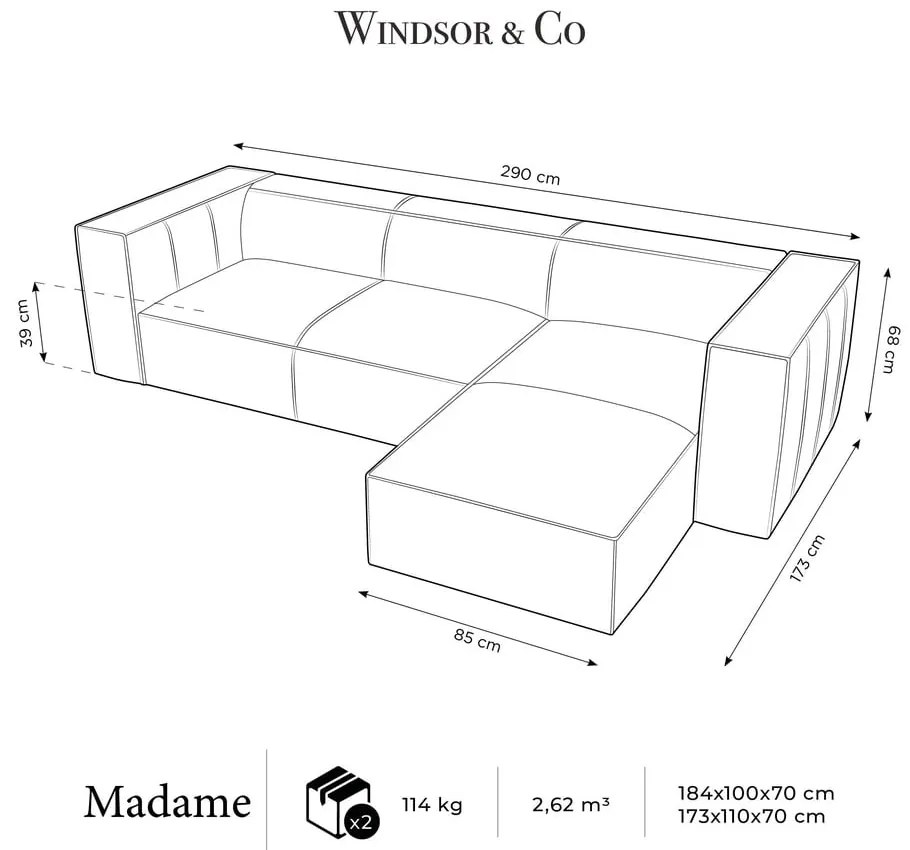 Colțar maro deschis cu tapițerie din piele (cu șezlong pe partea dreaptă) Madame – Windsor & Co Sofas