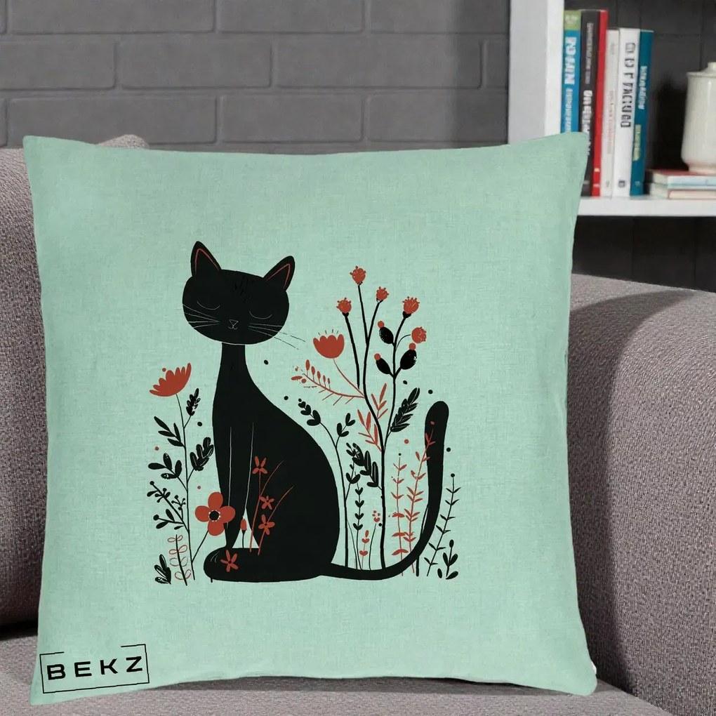 Perna Decorativa Pisica Neagra Flori Rosii Folk Minimal, 40x40 cm, Verde Menta, Husa Detasabila, Perna Inclusa, BEKZ®