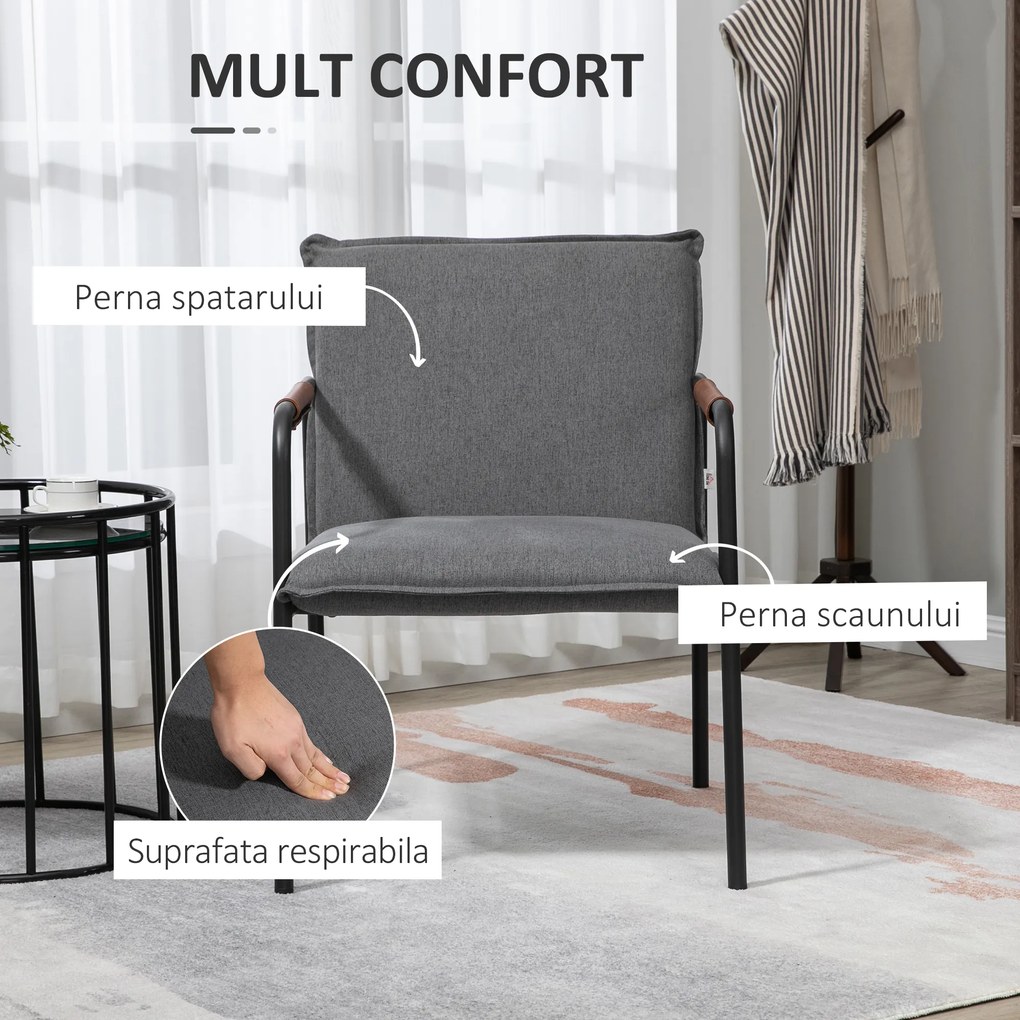 Scaun industrial capitonat HOMCOM, fotoliu tapitat, scaun de living cu brate invelite in piele PU si picioare din otel, gri | Aosom RO