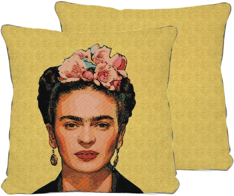 Față de pernă reversibilă Madre Selva Frida Draw Yellow, 45 x 45 cm